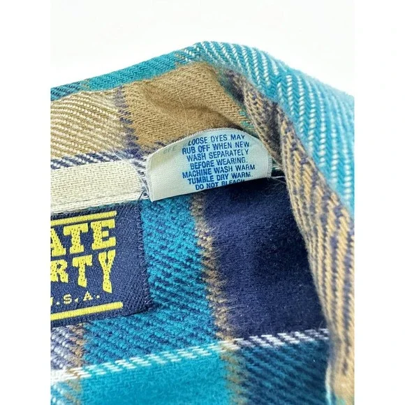 Vintage Private Property‎ Flannel Shirt Mens  M Blue Green Plaid Button Up Thick - Picture 15 of 15